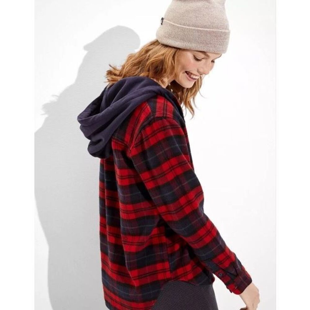 American‎ Eagle Cozy Cabin Oversized Hooded Flannel Shirt Large